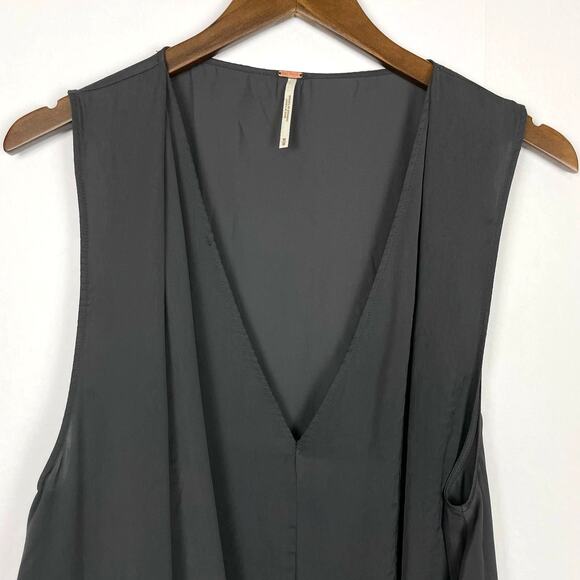 Free People | Dark Gray Satin Asymmetrical Belted Sleeveless Mini Slip Dress - Picture 3 of 7